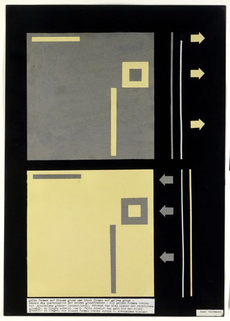 „gelbe formen auf blauem grund und blaue formen auf gelbem grund“, Studie aus dem Farbseminar Kandinsky, Autor: Hans Thiemann, 1930.