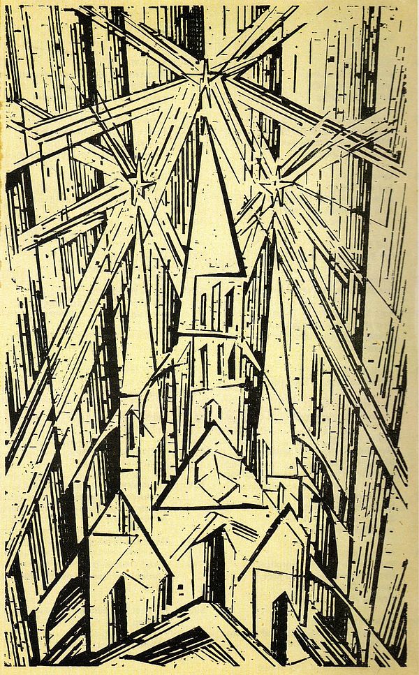 Cathedral, cover of the manifesto and programme of the Weimar State Bauhaus, auhtor: Lyonel Feininger, April 1919.