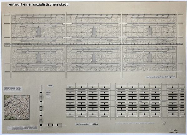 Entwurf einer sozialistischen Stadt − Lageplan (Blatt 1): Abschlussarbeit innerhalb der Baulehre bei Ludwig Hilberseimer M. 1:10000, Autor: Reinhold Rossig (Unterricht Ludwig Hilbersheimer), 10.6.1931.
