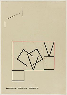 „Zusammenhang gleichartiger Gegenstände“, Zeichnung aus dem Vorkurs Wassily Kandinsky, Autor: Heinrich Neuy, Bauhaus Dessau, 1930.