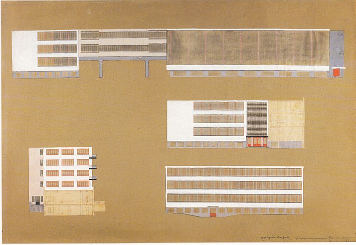Versuch einer farbigen Fassadenbemalung des Bauhauses Dessau, Perspektive von Südosten, Autor: Hinnerk Scheper, 1926.