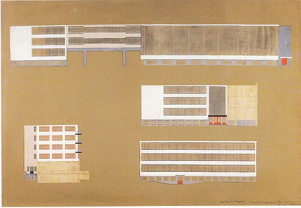 Versuch einer farbigen Fassadenbemalung des Bauhauses Dessau, Perspektive von Südosten, Autor: Hinnerk Scheper, 1926.