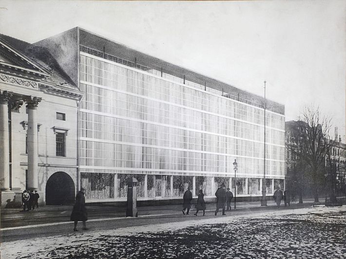 Projekt für den Umbau des Kaufhauses Borchardt in Dessau, Ansicht der Fassade, Entwurf: Eduard Ludwig, 1931.