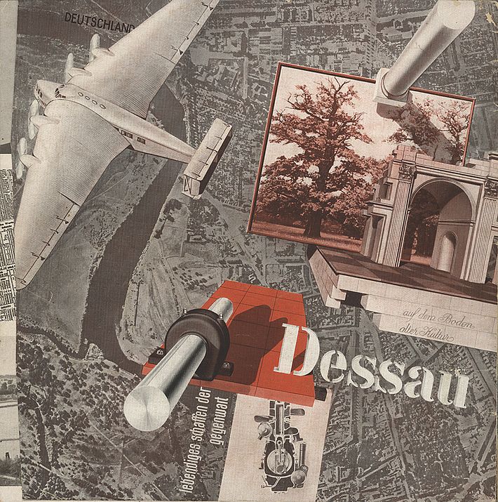 "Dessau" (Auf dem Boden alter Kultur – lebendiges Schaffen der Gegenwart). Prospekt für das Verkehrsbüro der Stadt Dessau, Hrsg.: Gemeinnütziger Verein Dessau e.V., Abt. Verkehrsbüro, Entwurf: Joost Schmidt, 1931.